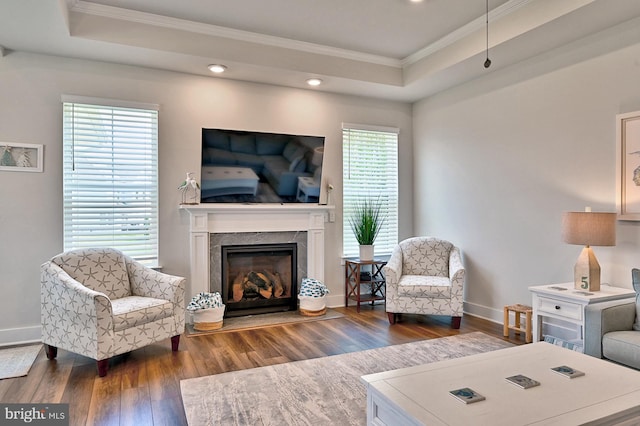 living room featuring ornamental molding, wood finished floors, recessed lighting, a tray ceiling, and a premium fireplace