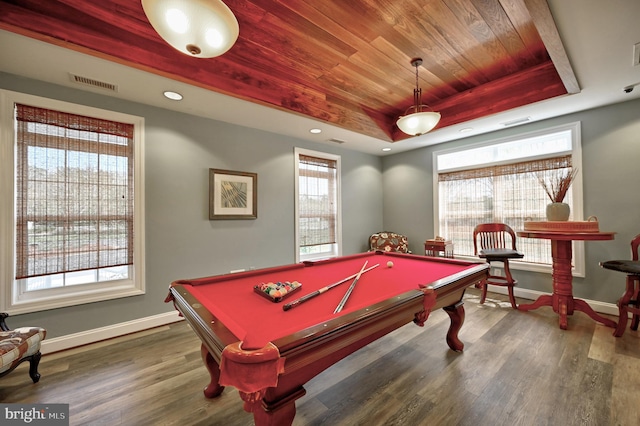 rec room with baseboards, visible vents, billiards, and a raised ceiling