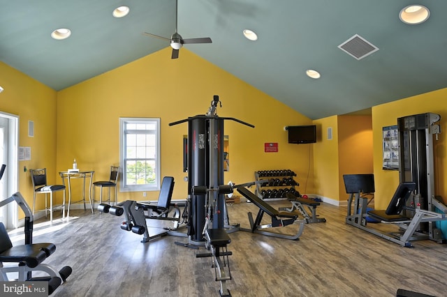 gym featuring recessed lighting, ceiling fan, visible vents, and wood finished floors