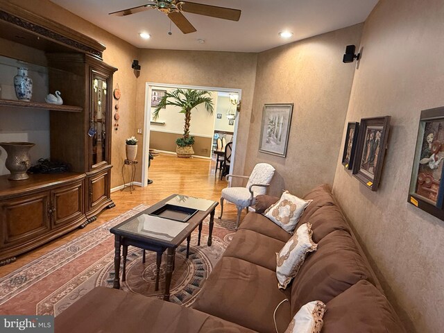 61 Legacy Oaks Dr, Richboro, PA 18954 - living room featuring ceiling fan, light wood finished floors, recessed lighting, and a textured wall