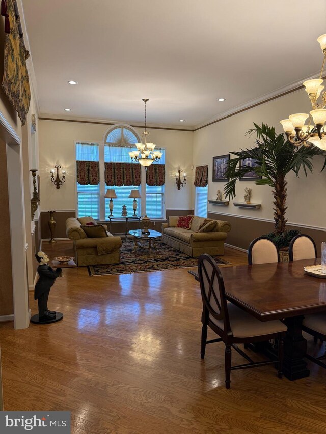 61 Legacy Oaks Dr, Richboro, PA 18954 - dining area featuring a chandelier, crown molding, wood finished floors, and recessed lighting