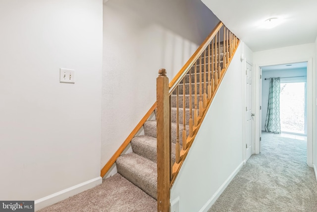 staircase featuring baseboards and carpet floors