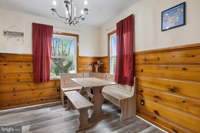 dining room with ornamental molding, a notable chandelier, a wainscoted wall, and wood finished floors