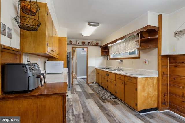 kitchen with freestanding refrigerator, open shelves, a sink, and light wood-type flooring