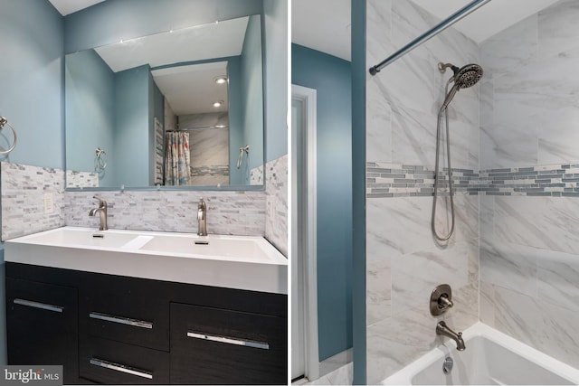 bathroom with backsplash, double vanity, a sink, and shower / bathtub combination with curtain