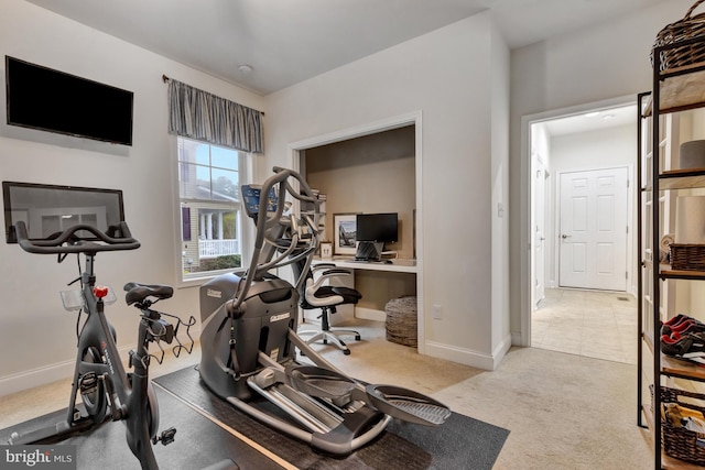 exercise area with baseboards and carpet floors