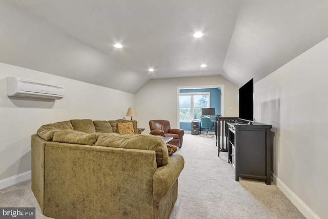 living room with a wall mounted AC, light colored carpet, and lofted ceiling