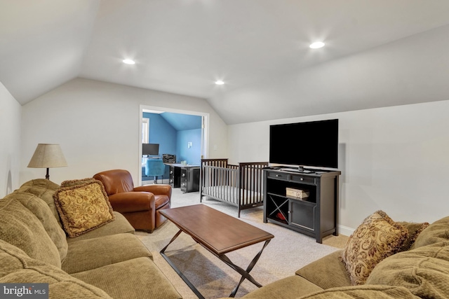 living room featuring light colored carpet, baseboards, lofted ceiling, and recessed lighting