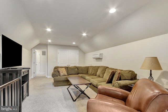 living area with baseboards, recessed lighting, vaulted ceiling, light colored carpet, and a wall unit AC
