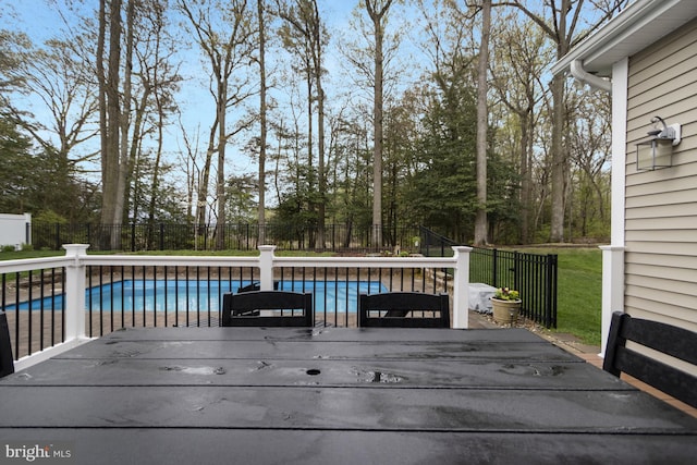 deck featuring a fenced backyard and a fenced in pool
