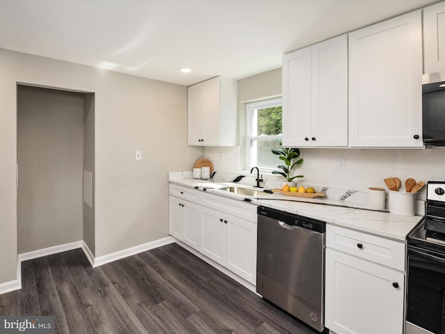 kitchen with white cabinets, dark wood finished floors, range with electric stovetop, stainless steel dishwasher, and a sink