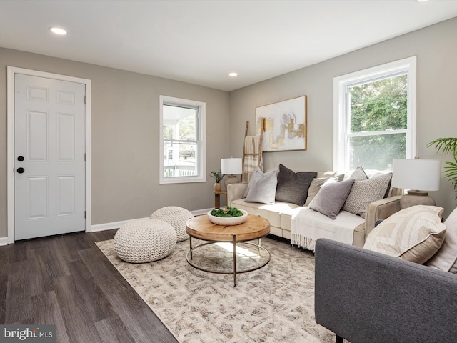 living area featuring dark wood-type flooring, baseboards, and recessed lighting