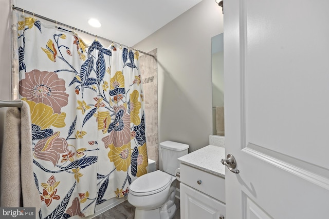 bathroom featuring toilet, shower / bath combination with curtain, wood finished floors, and vanity