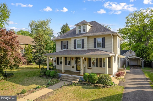 view of front of property featuring a shingled roof, a front lawn, a detached garage, an outbuilding, and covered porch