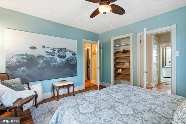 bedroom with a walk in closet, a ceiling fan, wood finished floors, baseboards, and a closet