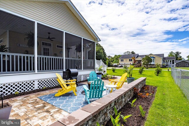 14626 Blue Heron Dr, Ocean View, DE 19970 - view of patio featuring a sunroom, grilling area, and a ceiling fan