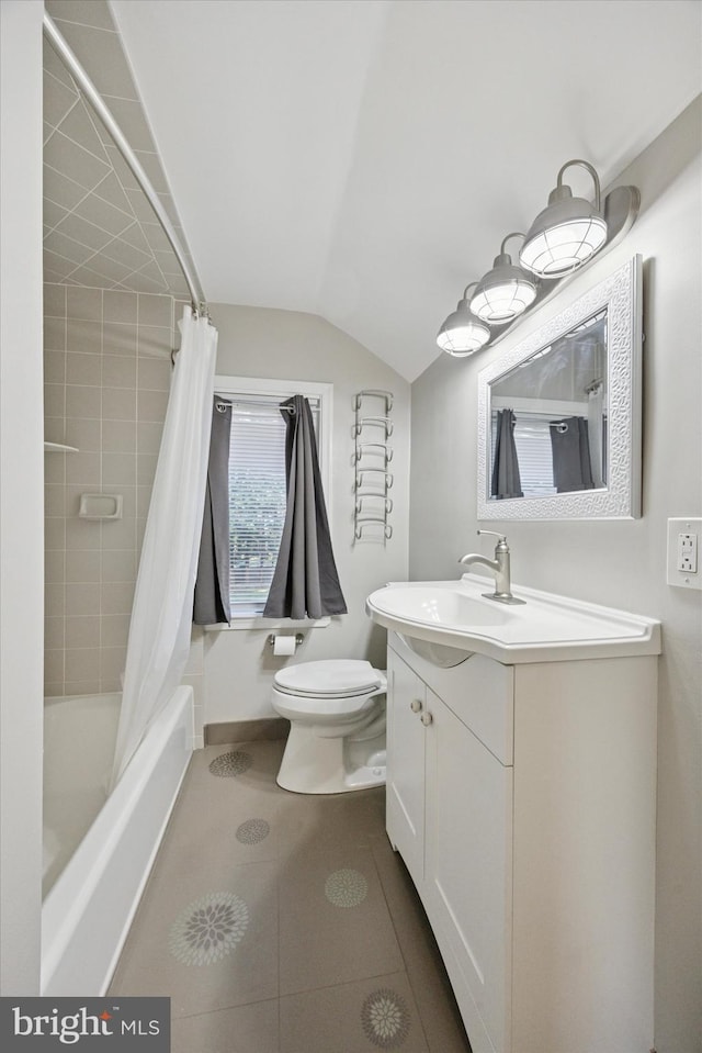 510 W S Ave, Glenolden, PA 19036 - bathroom with vanity, vaulted ceiling, toilet, shower / tub combo, and tile patterned floors
