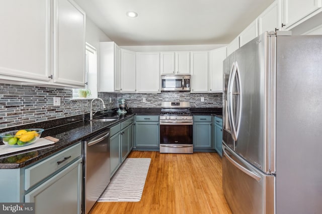 kitchen with decorative backsplash, a sink, white cabinets, light wood finished floors, and stainless steel appliances