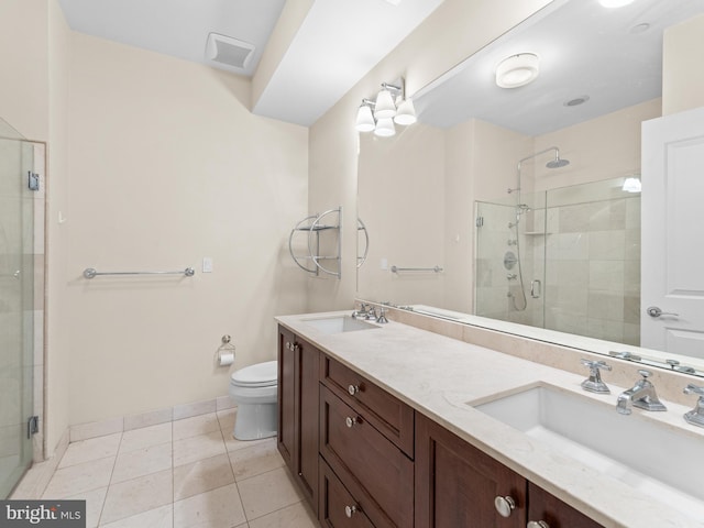 bathroom with toilet, visible vents, a sink, and a stall shower