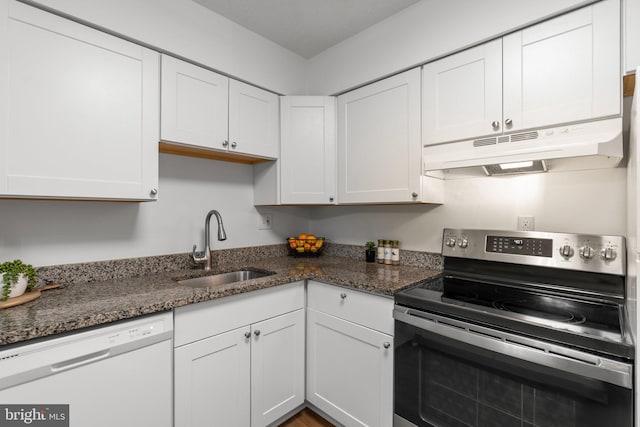 kitchen featuring stainless steel electric range oven, dishwasher, a sink, white cabinets, and under cabinet range hood