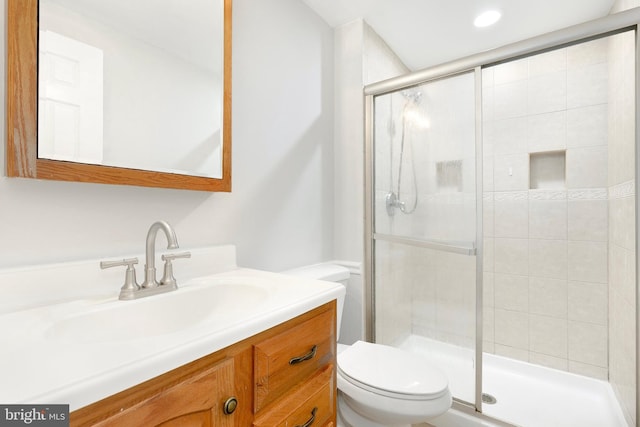 bathroom featuring vanity, toilet, and a shower stall
