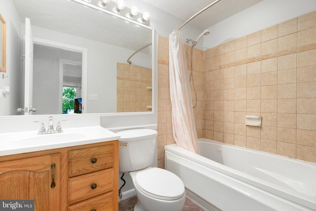 full bathroom featuring toilet, shower / bath combo, and vanity