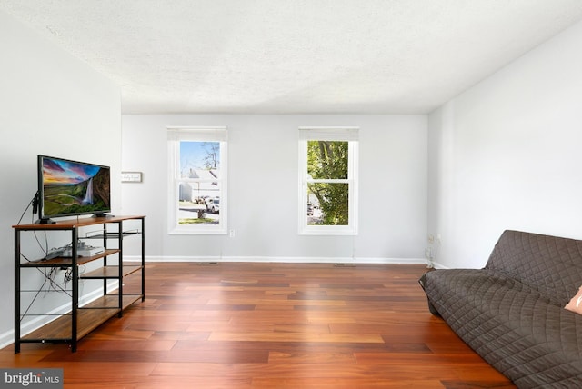 sitting room featuring a textured ceiling, baseboards, and wood finished floors