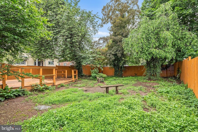 fenced backyard with a deck