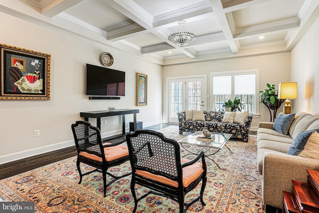 living room with coffered ceiling, ornamental molding, beamed ceiling, dark wood-type flooring, and baseboards