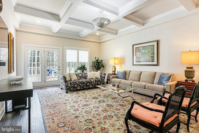 living room with wood-type flooring, beam ceiling, ornamental molding, and coffered ceiling
