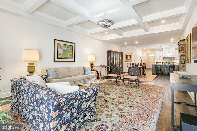 living area featuring recessed lighting, coffered ceiling, arched walkways, light wood-style floors, and beam ceiling