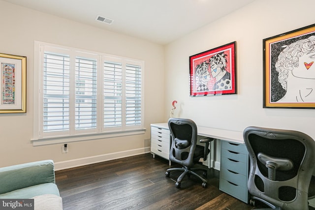 office with baseboards, visible vents, and dark wood-style floors