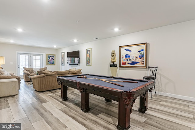 game room featuring light wood-type flooring, pool table, recessed lighting, and visible vents