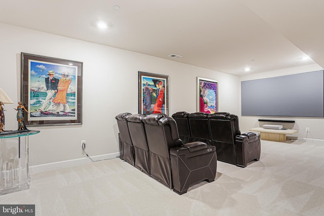 cinema room featuring recessed lighting, baseboards, visible vents, and light colored carpet