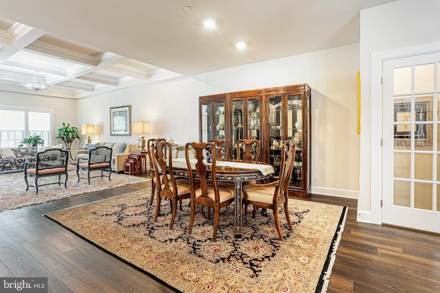 dining room with beamed ceiling, a chandelier, coffered ceiling, and dark wood finished floors