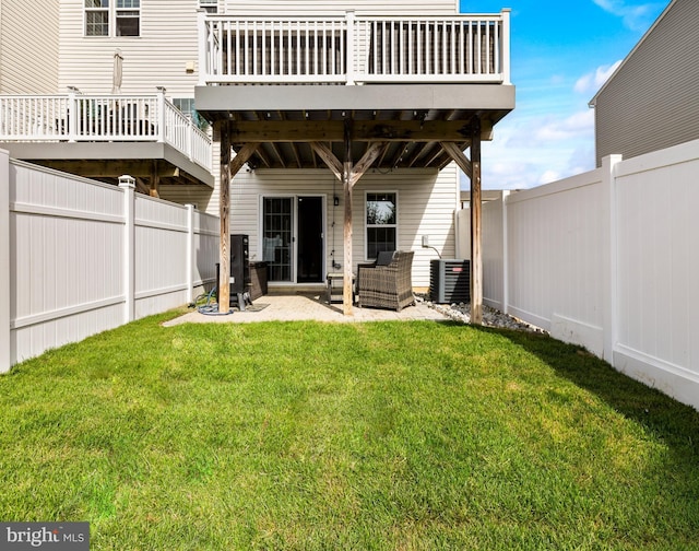 12 Farm Field Ln, Sicklerville, NJ 08081 - rear view of house with a fenced backyard, a wooden deck, central air condition unit, and a lawn