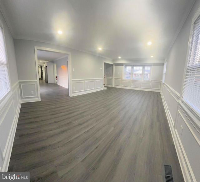 18 Grayson Cir, Willingboro, NJ 08046 - unfurnished living room featuring visible vents, dark wood-style flooring, crown molding, and a decorative wall