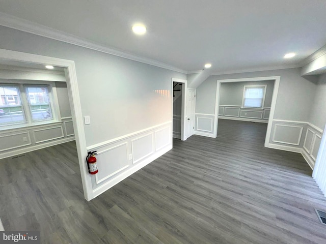18 Grayson Cir, Willingboro, NJ 08046 - interior space featuring dark wood-style flooring, recessed lighting, ornamental molding, a decorative wall, and wainscoting