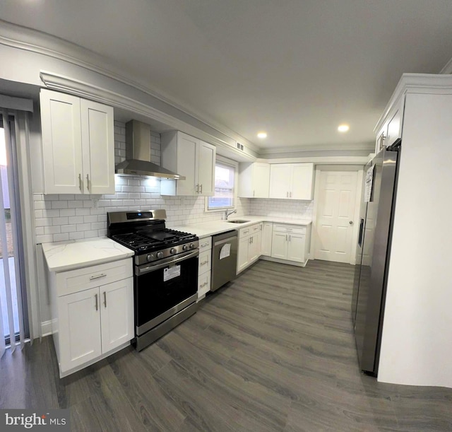 18 Grayson Cir, Willingboro, NJ 08046 - kitchen with tasteful backsplash, stainless steel appliances, wall chimney range hood, white cabinetry, and dark wood-type flooring