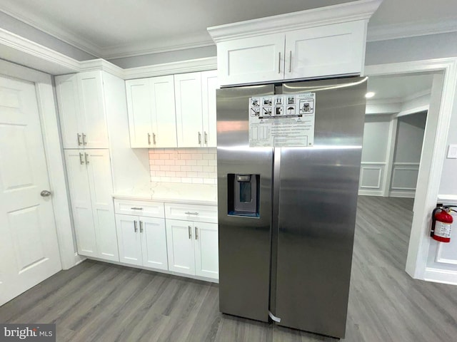 18 Grayson Cir, Willingboro, NJ 08046 - kitchen featuring crown molding, white cabinets, stainless steel refrigerator with ice dispenser, and wood finished floors