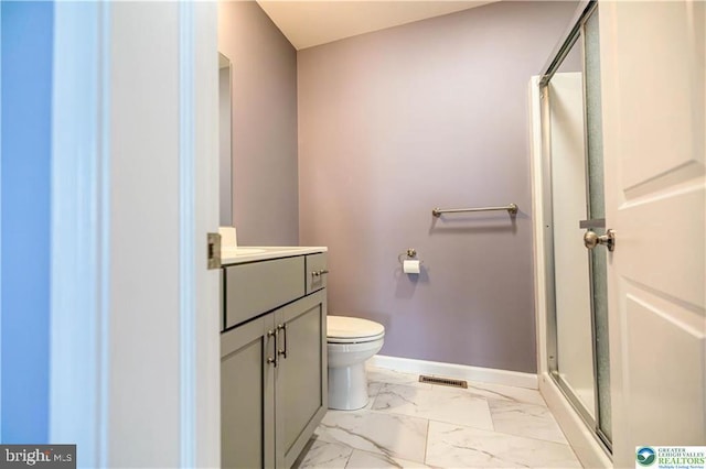 full bath featuring vanity, a stall shower, toilet, visible vents, and marble finish floor