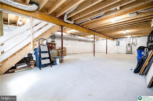 unfinished below grade area with gas water heater, stairway, and electric panel