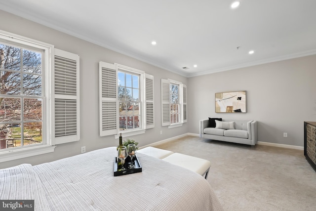 carpeted bedroom with baseboards, crown molding, visible vents, and recessed lighting
