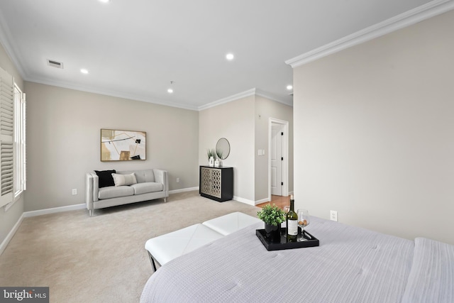 dining space featuring recessed lighting, light colored carpet, and ornamental molding