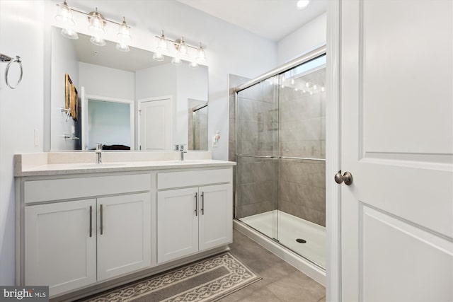 bathroom with a stall shower and double vanity