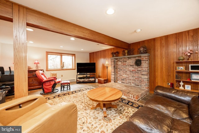 living room with wood walls, beamed ceiling, and recessed lighting