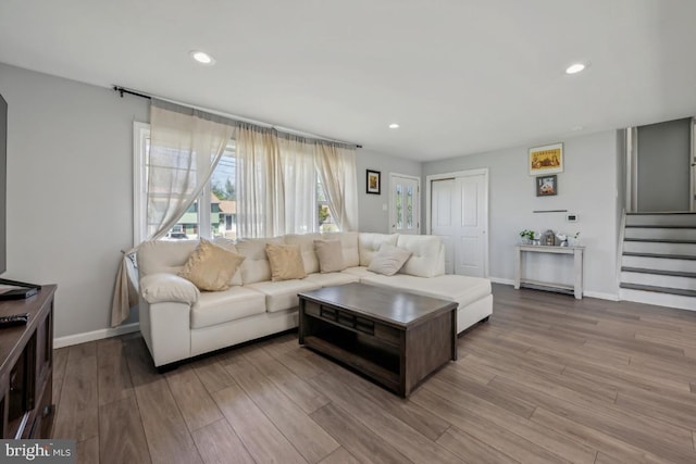 6 Walnut Dr, Burlington, NJ 08016 - living room featuring baseboards, wood finished floors, stairs, and recessed lighting