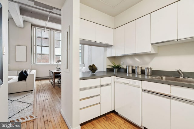 kitchen with white cabinets, light wood-type flooring, a sink, and white dishwasher