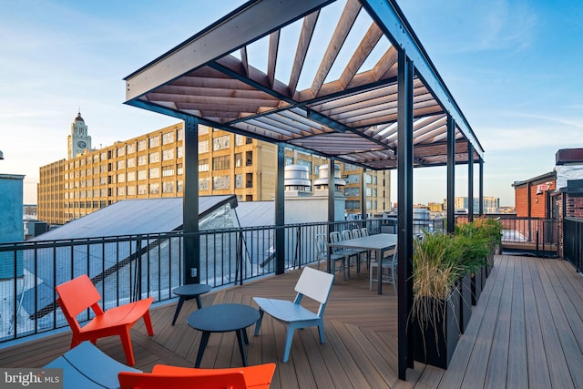 wooden terrace with a city view
