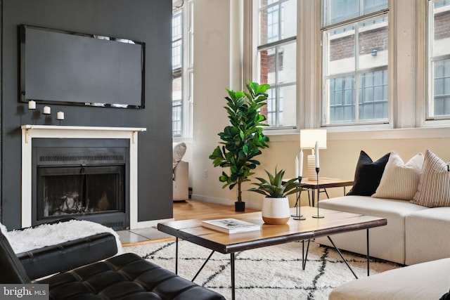 living area with a fireplace with flush hearth, wood finished floors, baseboards, and plenty of natural light